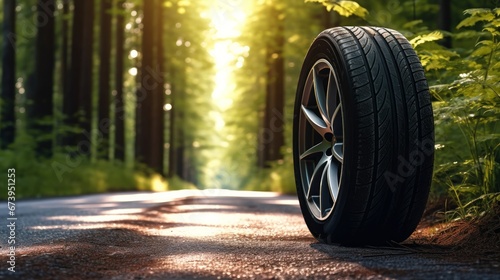 Tires designed for summer conditions on a sunny asphalt road in the forest. © Zahid