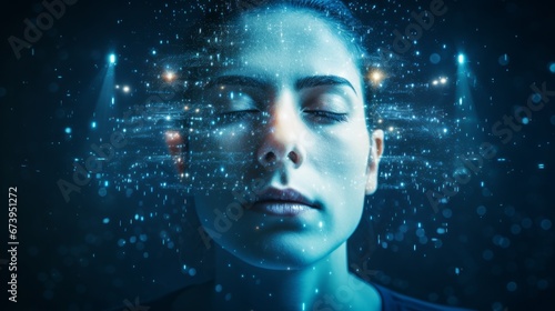 A person's face fading into digital particles, symbolizing the digital self in facial recognition