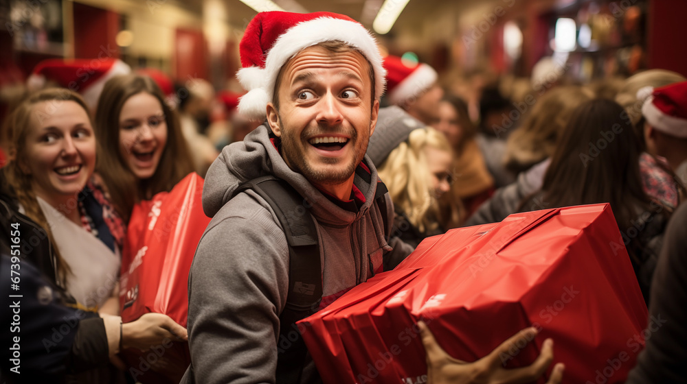 Shop 'Til You Drop: A weary shopper carrying numerous bags and boxes, showcasing the extent of Black Friday purchases Shop 'Til You Drop: A weary shopper carrying numerous bags and boxes, showcasing the extent of Black Friday purchases