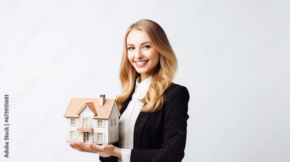 Woman real estate agent holding a tiny house in white background. AI generated image Woman real estate agent holding a tiny house in white background. AI generated image