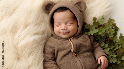 Newborn baby boy in a bearthemed onesie photo