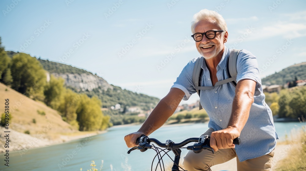 Senior man enjoying a scenic bike ride along a river Senior man enjoying a scenic bike ride along a river