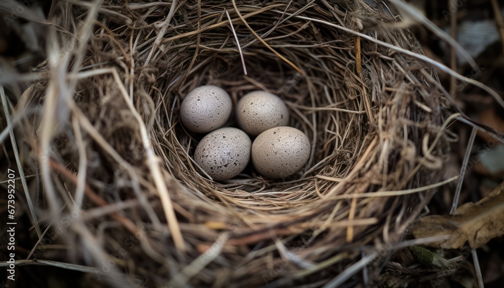 Photo of Three Colorful Eggs Nestled in a Natural Nest on the Forest Floor Photo of Three Colorful Eggs Nestled in a Natural Nest on the Forest Floor