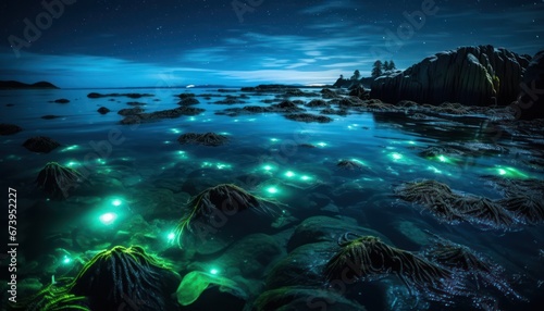 Photo of a Serene Night Scene With Floating Green Lights Reflecting on Water