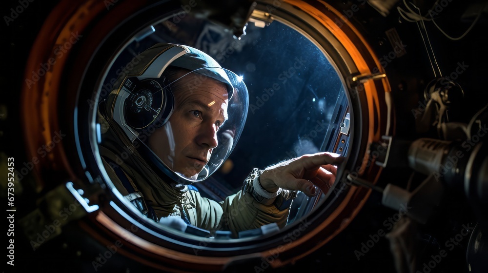 Man in a space suit gazing out of a porthole into the vastness of space Man in a space suit gazing out of a porthole into the vastness of space