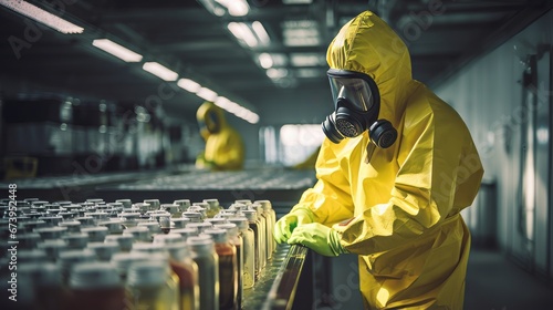 A worker in a hazmat suit handling radioactive materials photo