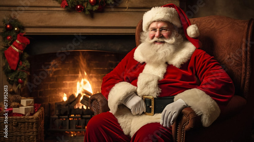copy space, stockphoto, Santa Claus sits by the fireplace in a cozy interior. Santa claus in his living room enjoying the warmth of his fireplace. Cozy interior. Beautiful design for Christmas card, g