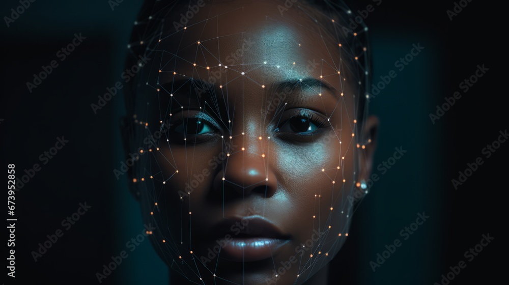 A person's face marked with deepfake data points A person's face marked with deepfake data points