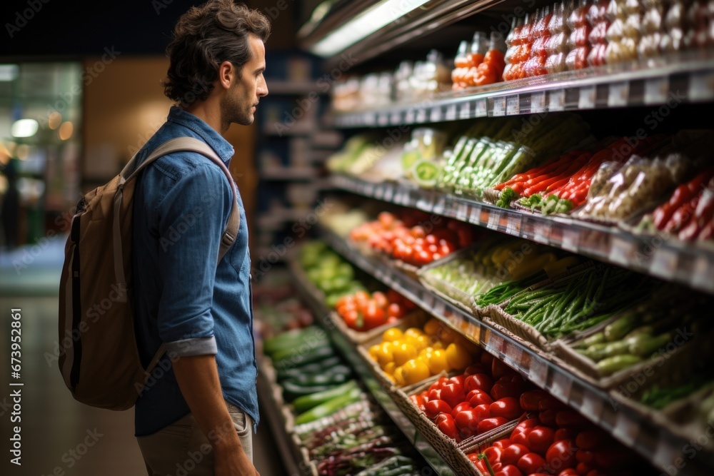 A young man carefully browses the shelves of a supermarket, inspecting various vegan products with interest.