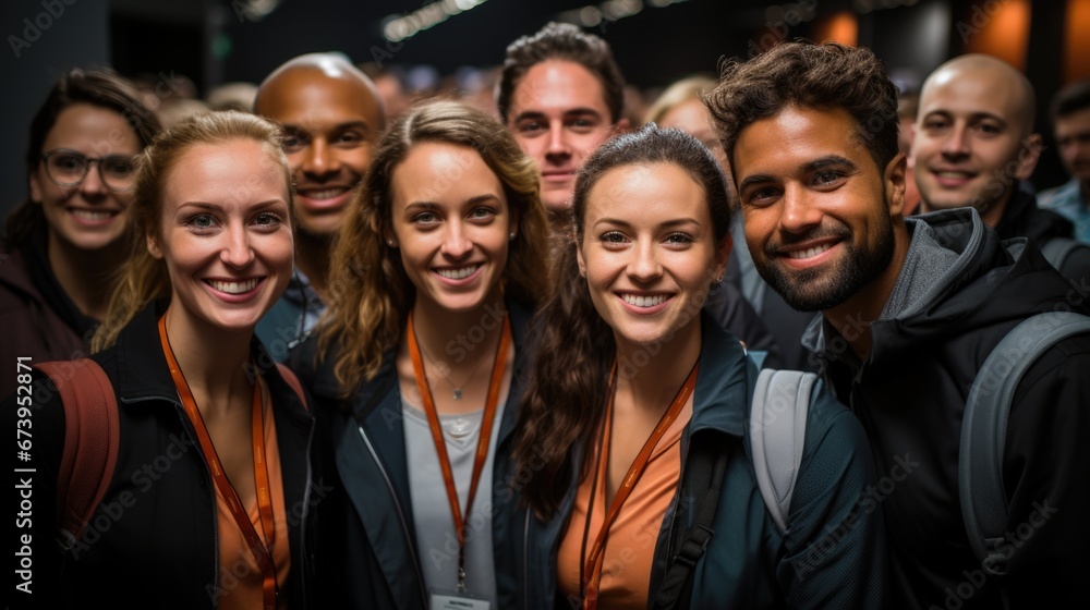 A group of young, joyful participants at a business conference, engaged in networking and learning. A group of young, joyful participants at a business conference, engaged in networking and learning.