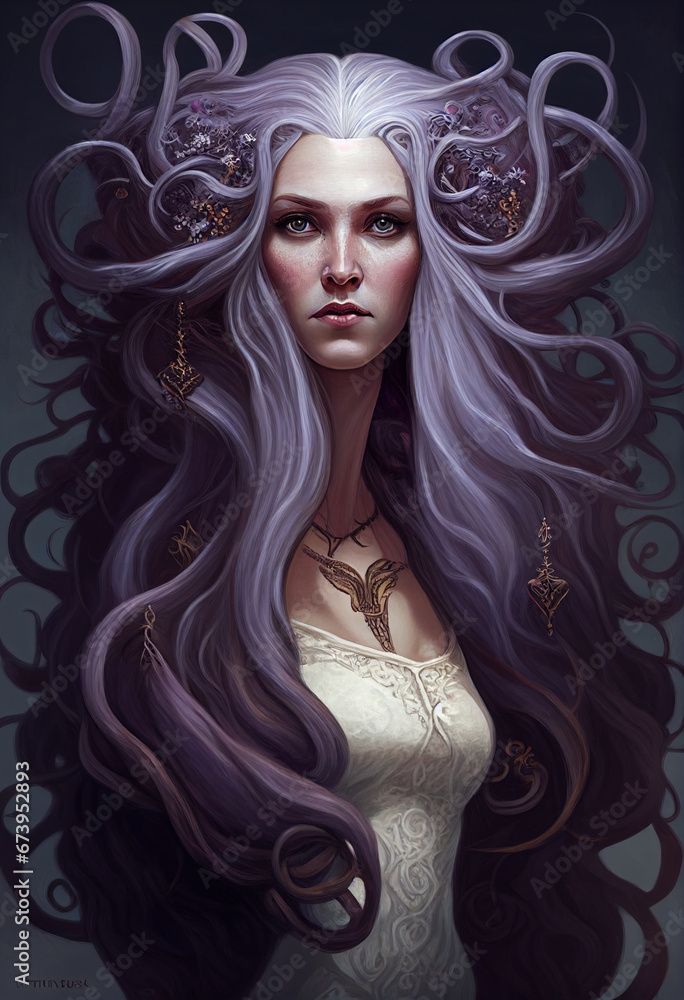 Fototapeta premium A woman with purple long hair. AI Generated
