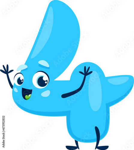 Cartoon cute funny four number character. Happy blue 4 digit vector math personage of kids mathematics education. Friendly smiling kawaii four number waving hands, elementary arithmetic hello gesture
