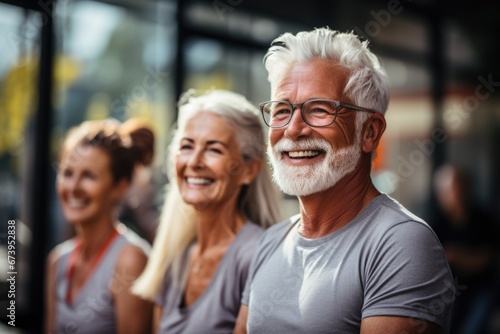 Elderly men and women enjoying a group workout at the gym, radiating happiness and good health