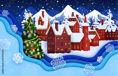 Christmas paper cut greeting card. Cartoon winter snowy town, Xmas holiday tree and snowflakes double exposition. Vector house buildings, Xmas lights, balls and snow landscape with 3d layered border