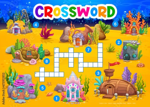 Cartoon underwater crossword quiz game worksheet, undersea landscape with house buildings, vector grid. Kids crossword quiz with underwater houses and dwelling shelters in seashell and sunken ship