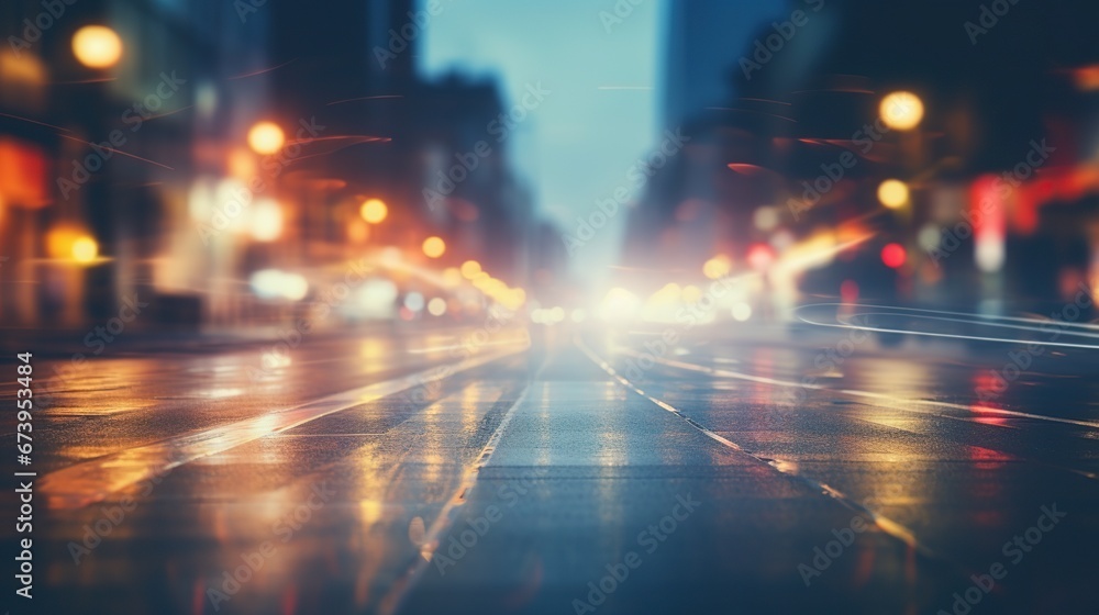 Rainy wet night in the big city, empty road with blur background. AI generated image