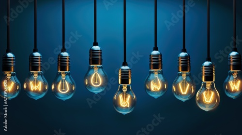 Light bulbs light up at night with dark background. AI generated image