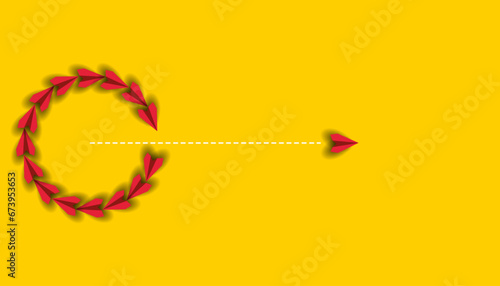 Red paper airplane flying in different direction on yellow background. Going to success goal,business,innovative and solution,financial,leadership,creative idea concept.
