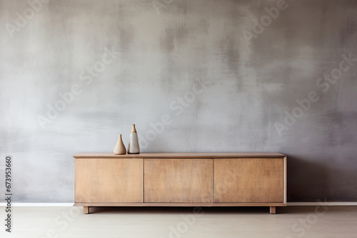 Minimalist wooden sideboard against a textured gray wall with two elegant vases, exemplifying modern simplicity. Copy space for your artwork, picture, poster. Apartment interior design.