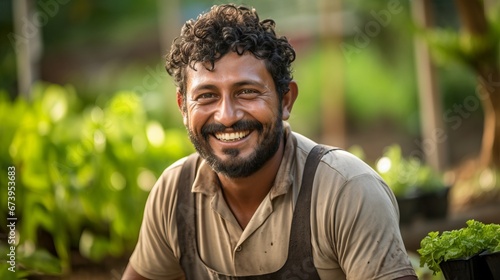 A closeup of a gardener's face, cultivating gardens and smiling with dedication
