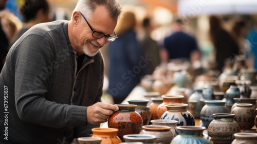 A person admiring handcrafted pottery at an art and craft fair