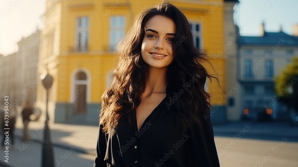 Beautiful young fashion girl standing in front of store. AI generated image Beautiful young fashion girl standing in front of store. AI generated image