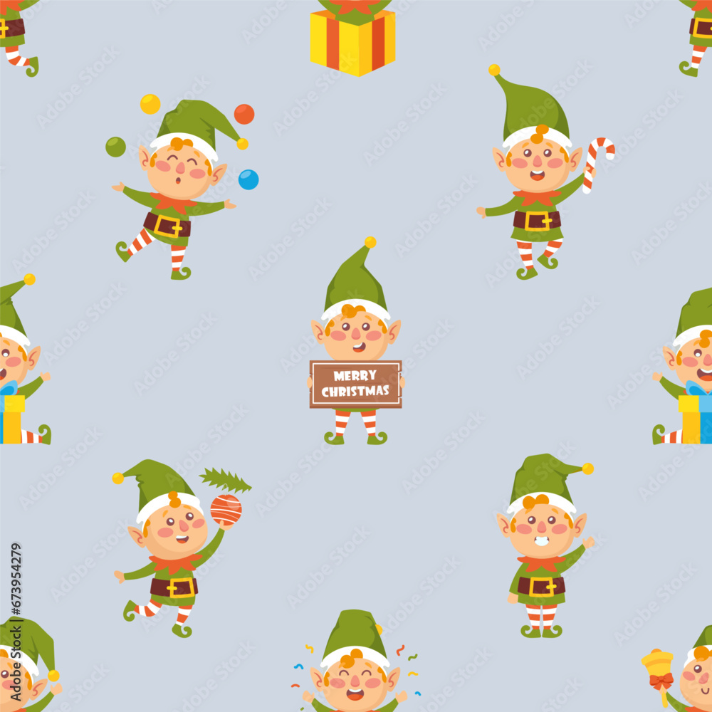 Delightful Seamless Pattern Featuring Whimsical Christmas Elves Characters Engaged In Playful Antics, Tile Background