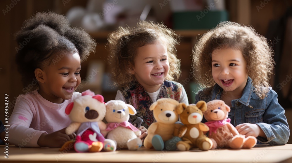 A group of children from various backgrounds sharing toys A group of children from various backgrounds sharing toys