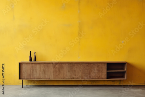 Interior mock up, contemporary style. Empty yellow wall in modern room. Copy space for your artwork, picture, poster. Apartment interior design. Wooden sideboard.