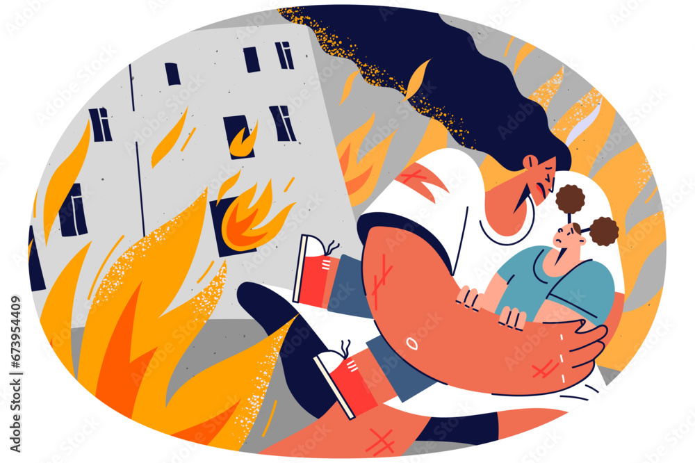 Caring mother save child from burning house Caring mother save child from burning house