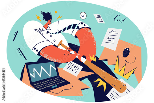 Furious businessman crash office desk
