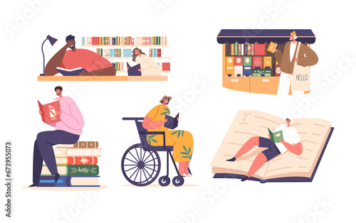 Diverse Characters Immersed In Reading, Each Lost In Their Own World, With Books In Hands, Vector Illustration