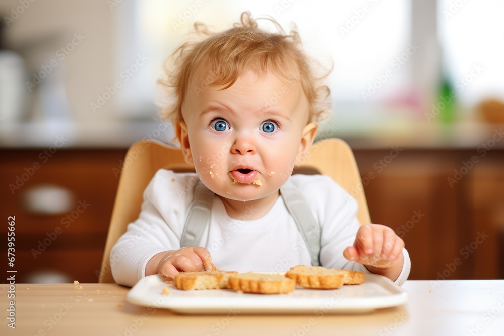 Surprised baby realizing he's being photographed while eating cookies at the table Surprised baby realizing he's being photographed while eating cookies at the table