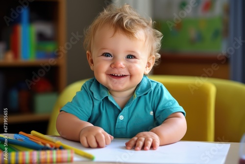 Smiling and happy baby sitting at the table with all the drawing materials