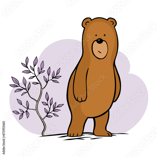 Cartoon bear on forest background. Puzzled face. Tree foliage. Funny and clumsy character for children. Wild animal. Character for a postcard. Vector isolated animal illustration. Hand drawn line