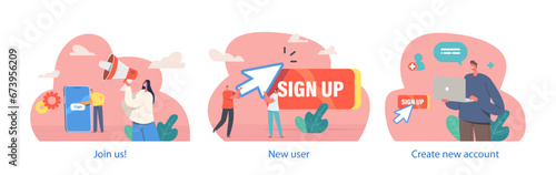 Isolated Elements with Characters Create A New Account, Clicking The Sign Up Button, Enter Details, And Verifying Email