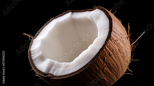 połowa otwartego kokosa na czarnym tle