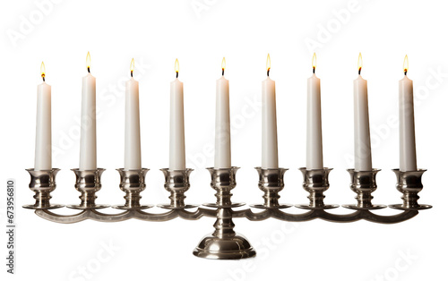 Beautiful Classic Silver Menorah with Nine Glowing Candles Isolated on Transparent Background PNG.