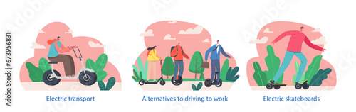 Isolated Elements with Characters use Electric Transport Such As E-scooters and Skateboards, For Eco-friendly Commuting