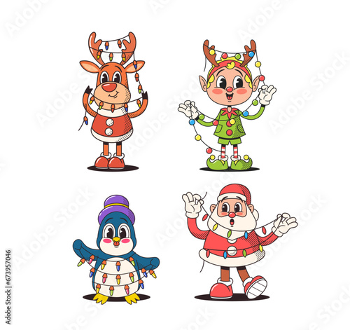Cartoon Christmas Characters In A Charming Retro Style, Festive Scene Unfolds With A Whimsical Deer, Cheerful Elf