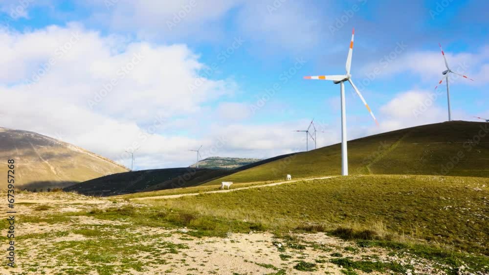 Wind farm with turbines on the mountains. Eco-sustainable industry with nature-friendly technologies for clean energy in a better environment. Conceptual mountainous landscape Wind farm with turbines on the mountains. Eco-sustainable industry with nature-friendly technologies for clean energy in a better environment. Conceptual mountainous landscape