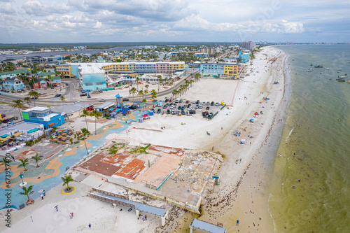 Panorama of Fort Myers Beach FL. Florida after hurricane. Beach and houses, hotels totally destroyed. Hurricane season is dangerous. Tropical nature. Gulf of Mexico. Ian or Idalia. Tropical storm. photo