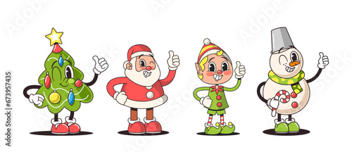 Retro-style Christmas Characters Evoke Nostalgia. Santa Claus With Twinkle Wink Eyes, Snowman In Classic Attire, Tree