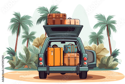 Open trunk of a car with suitcases and belongings, traveling by car to the sea or ocean coastline