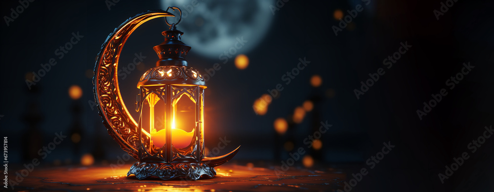Crescent moon with lit lanterns. Ramadan Karim background concept. Generative Ai.