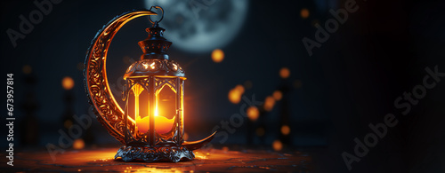 Crescent moon with lit lanterns. Ramadan Karim background concept. Generative Ai.