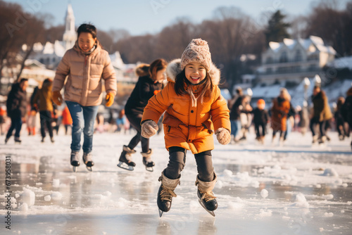 A joyful child in a bright orange coat skates on a sunny winter day, surrounded by other skaters enjoying the ice.