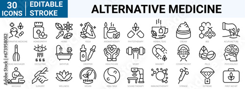 set of 30 line web icons alternative medicine. Vitamin therapy, anti-aging, wellness, Ayurveda, Chinese medicine. Holistic Center. Editable stroke.