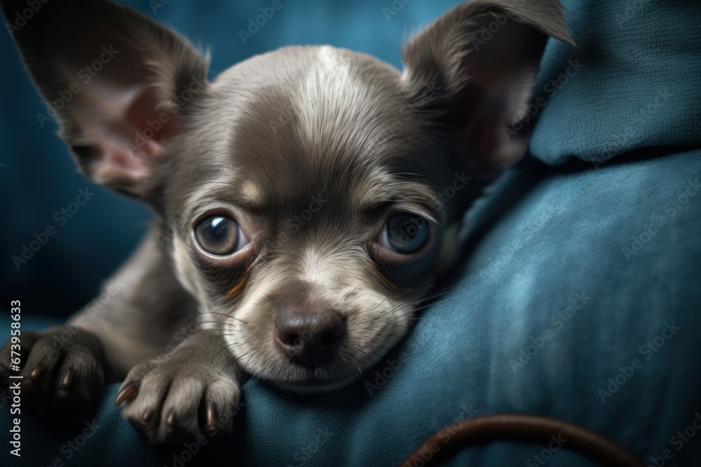 Cute chihuahua dog laying on living room's sofa and looking at camera. Cute chihuahua dog laying on living room's sofa and looking at camera.