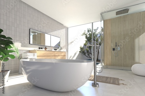 Modern bathroom interior with wooden decor in eco style. 3D Render